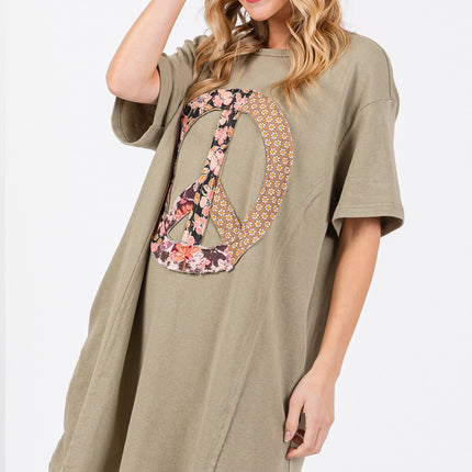 SAGE + FIG Full Size Peace Sign Applique Short Sleeve Tee Dress