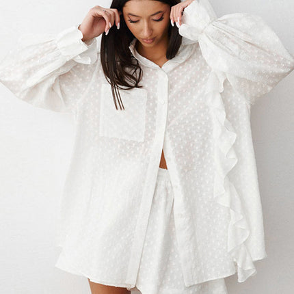 Ruffled Dot Applique Collared Neck Top and Shorts Set