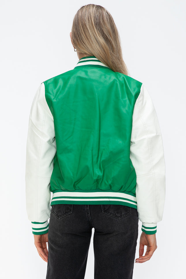 Love Me Now PU Leather Contrast Snap Down Bomber Jacket - Vickie Lynn's