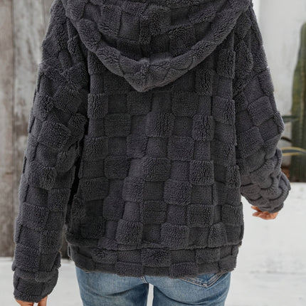 Checkered Texture Zip Up Drawstring Fuzzy Jacket