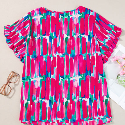 Plus Size Printed Round Neck Petal Sleeve Blouse