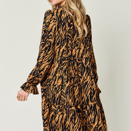 Double Take Full Size Printed Ruffle Hem Long Sleeve Dress