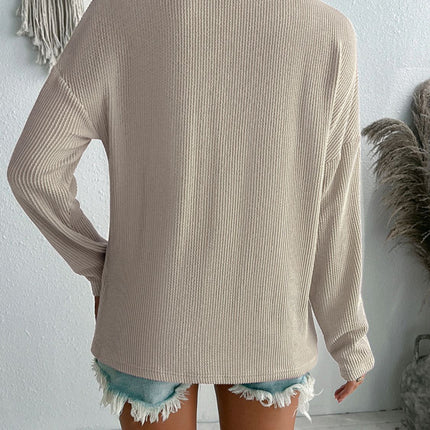 Double Take Pocketed Textured V-Neck Long Sleeve T-Shirt