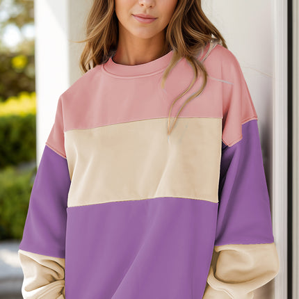 Color Block Round Neck Long Sleeve Sweatshirt