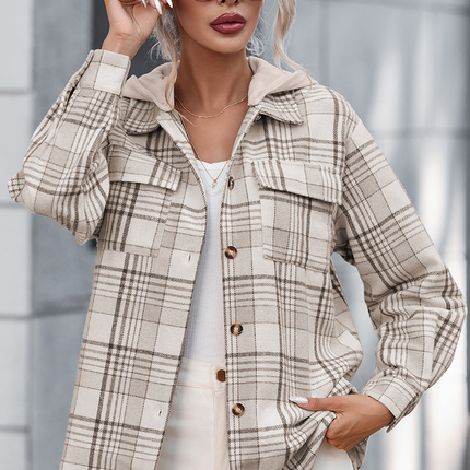 Plaid Removable Hood Button Up Shacket