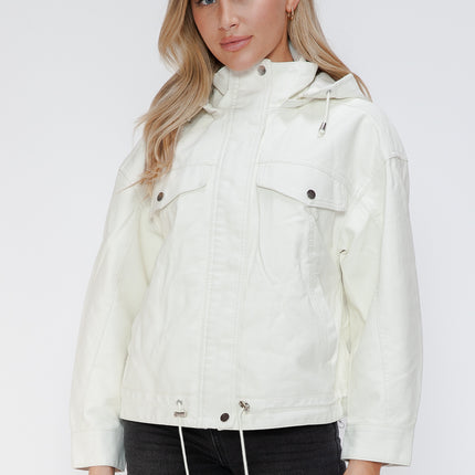 How Dare U Drawstring Hem PU Leather Zip Up Jacket