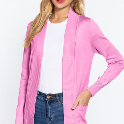 ACTIVE BASIC Ribbed Trim Open Front Cardigan