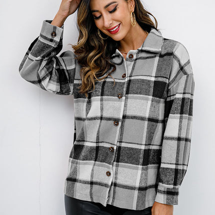Shiny Plaid Button Up Collared Neck Jacket
