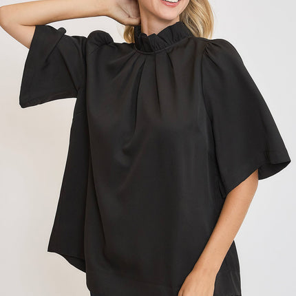 Umgee Bow Tie Back Mock Neck Half Sleeve Blouse