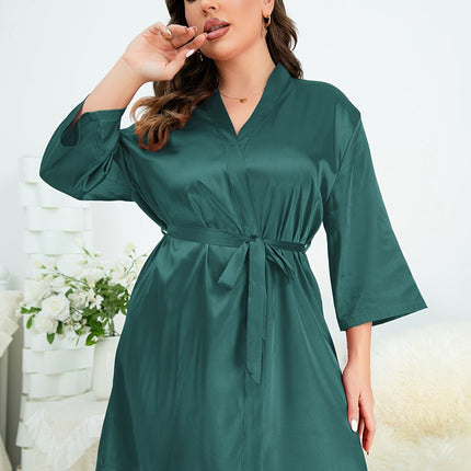 Plus Size Surplice Neck Tie Waist Robe