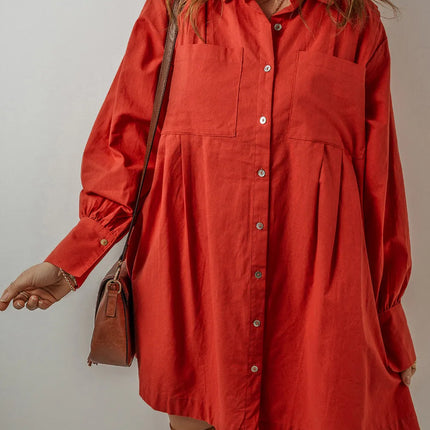 Pocketed Button Down Long Sleeve Shirt Dress