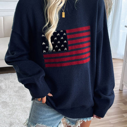 Devine US Flag Round Neck Long Sleeve Knit Top - Vickie Lynn's