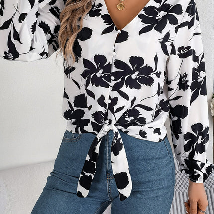 Printed V-Neck Long Sleeve Blouse