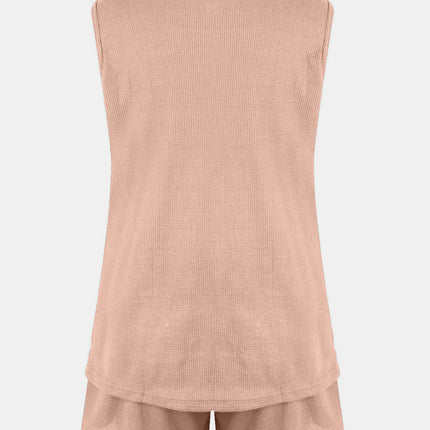 Full Size Waffle-Knit Notched Top and Shorts Set