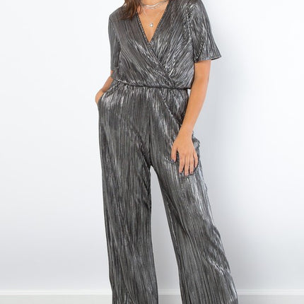 Be Stage Surplice Short Sleeve Pleated Foil Jumpsuit