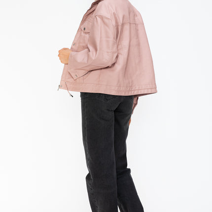 How Dare U Drawstring Hem PU Leather Zip Up Jacket