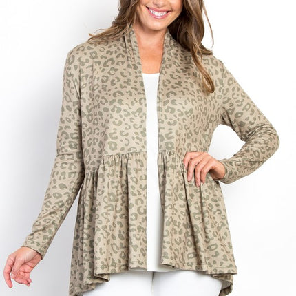 Be Stage Full Size Peplum Leopard Open Front Long Sleeve Cardigan