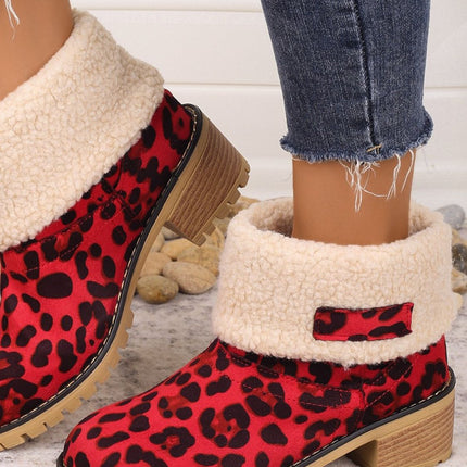 Leopard Block Heel Fuzzy Boots