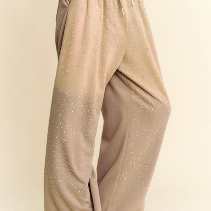 Davi & Dani Rhinestone Drawstring Wide Leg Pants