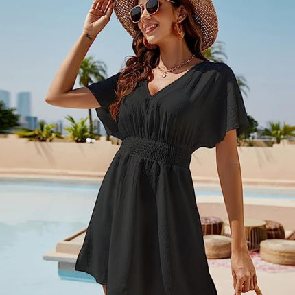 Smocked V-Neck Short Sleeve Dress