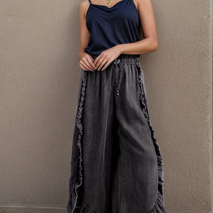 Drawstring Ruffled Wide Leg Jeans