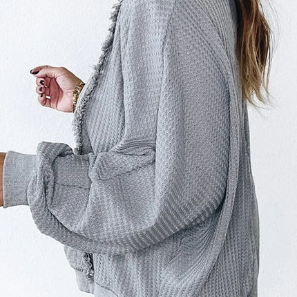 Waffle-Knit Round Neck Long Sleeve Top