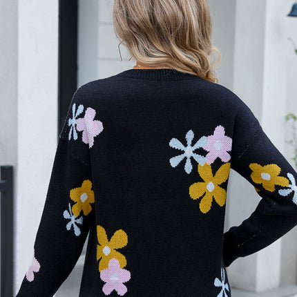 Flower Round Neck Dropped Shoulder Sweater