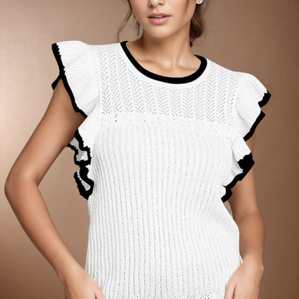 Ruffled Round Neck Cap Sleeve Knit Top