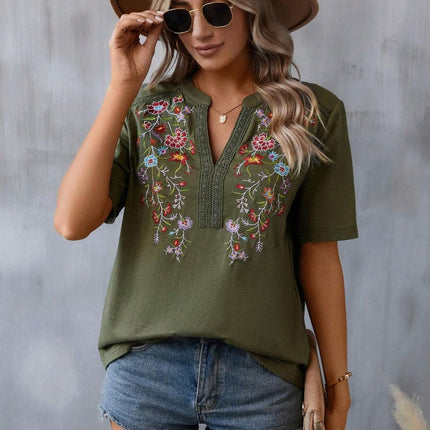 Embroidered Notched Short Sleeve T-Shirt