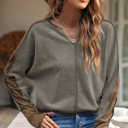 Color Block Notched Long Sleeve Blouse