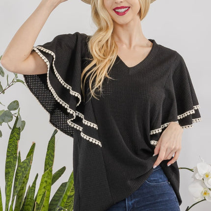 Celeste Full Size V-Neck Lace Trim Flutter Sleeve Top