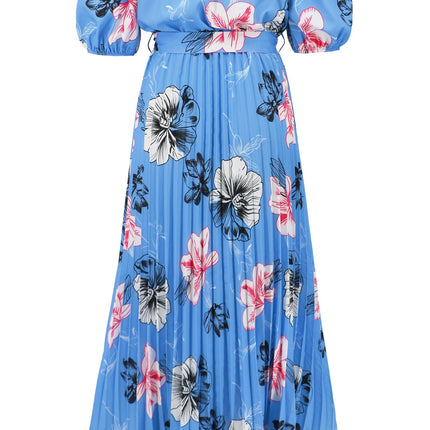 Pleated Floral Off-Shoulder Short Sleeve Midi Dress
