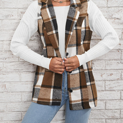 Plaid Button Down Vest Coat