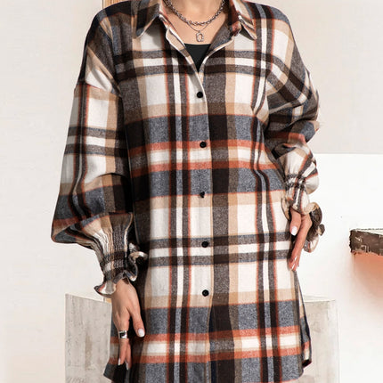 Button Up Plaid Long Sleeve Shirt Dress