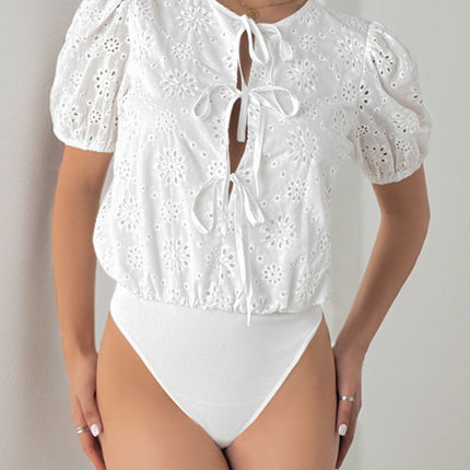 Perfee Tied Eyelet Short Sleeve Bodysuit