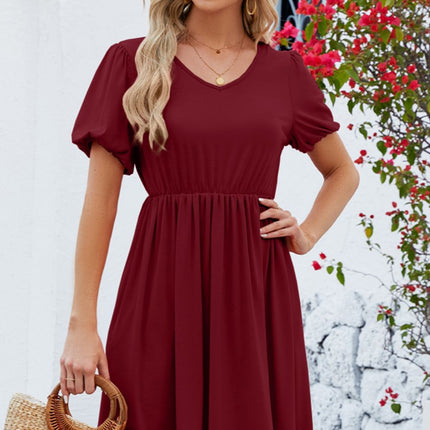 V-Neck Balloon Short Sleeve Dress