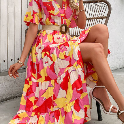 Printed V-Neck Flutter Sleeve Midi Dress