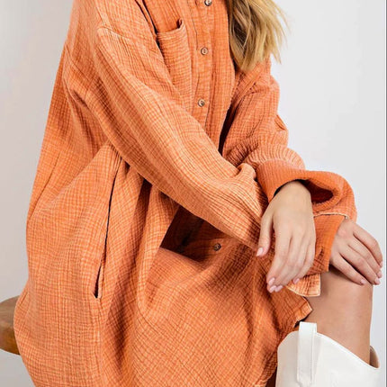 Pocketed Button Up Long Sleeve Shirt Dress