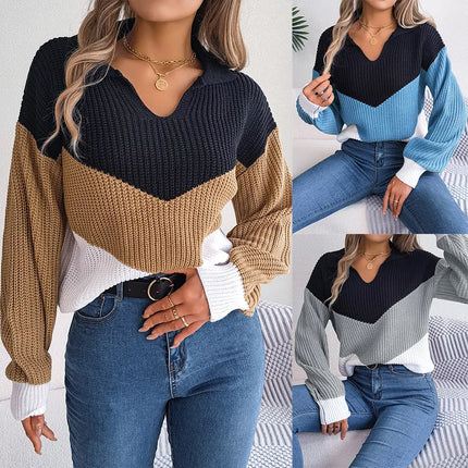 Autumn Winter Color Contrast Women's Sweater Casual Knitted Long Sleeve Top Fashion V-neck Pullovers Loose New In Knitwears 2023