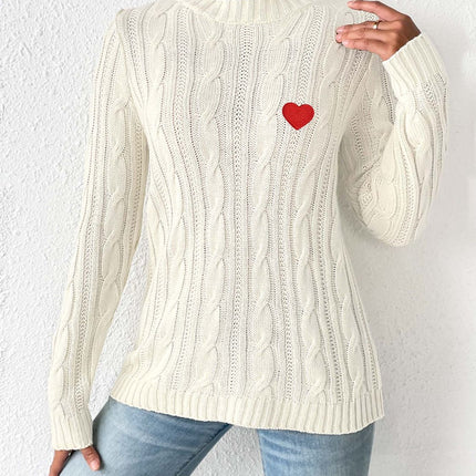 Cable-Knit Heart Round Neck Long Sleeve Sweater