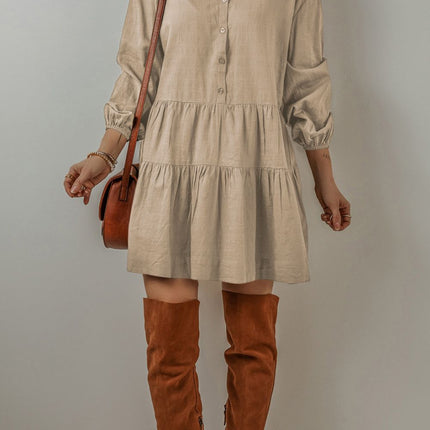 Tiered Collared Neck Balloon Sleeve Shirt Dress