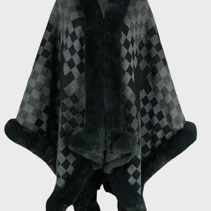 Fuzzy Checkered Long Sleeve Poncho