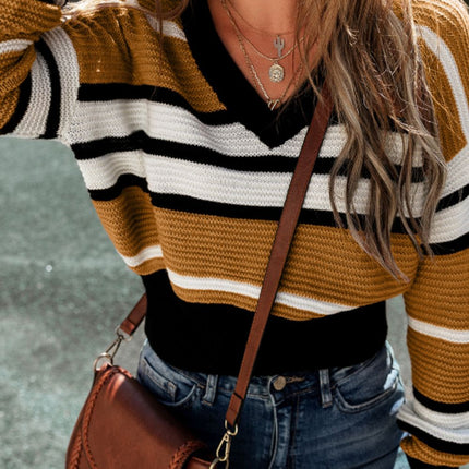 Contrast Stripes V Neck Long Sleeve Sweater