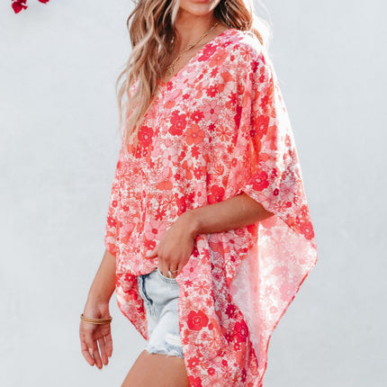 Floral V-Neck Three-Quarter Sleeve Blouse