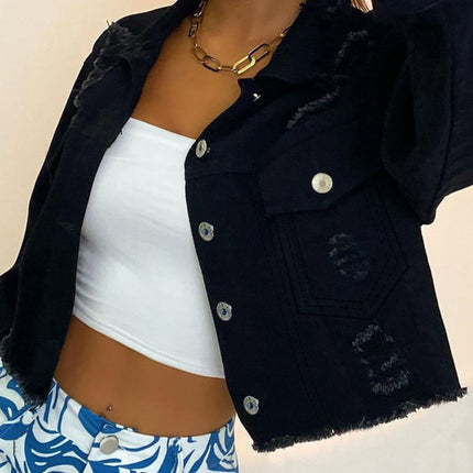 Distressed Collared Neck Long Sleeve Denim Top