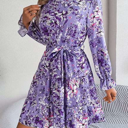 Printed Mock Neck Flounce Sleeve Mini Dress