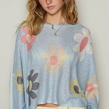 POL Flower Dropped Shoulder Long Sleeve Knit Top