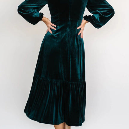 V-Neck Long Sleeve Midi Velvet Dress