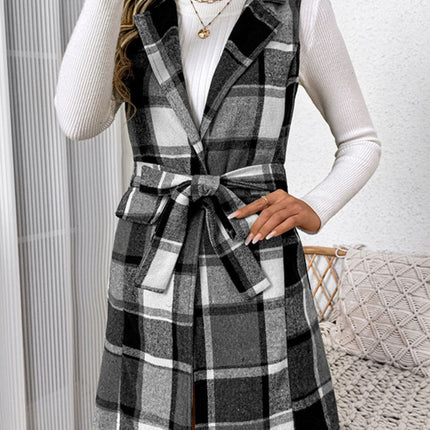 Perfee Tied Plaid Vest Coat