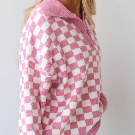 Checkered Collared Neck Long Sleeve Sweater